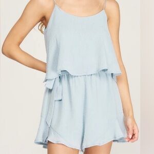 She and Sky Gauzy Layered Baby Blue One Piece Romper Shorts Tie Waist Size L
